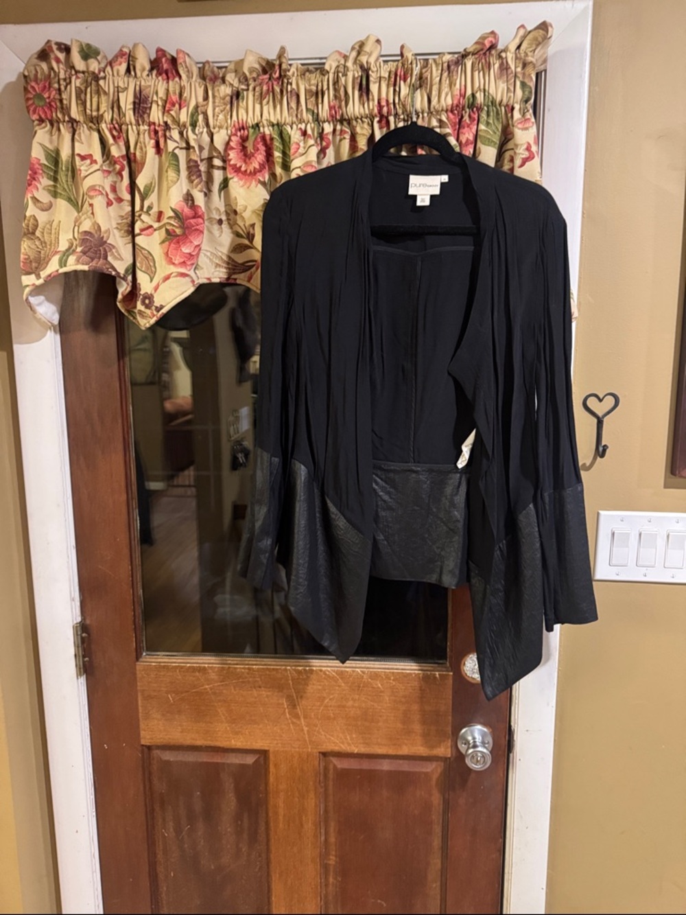Women’s Black Open Front Draped Jacket with Faux Leather Trim